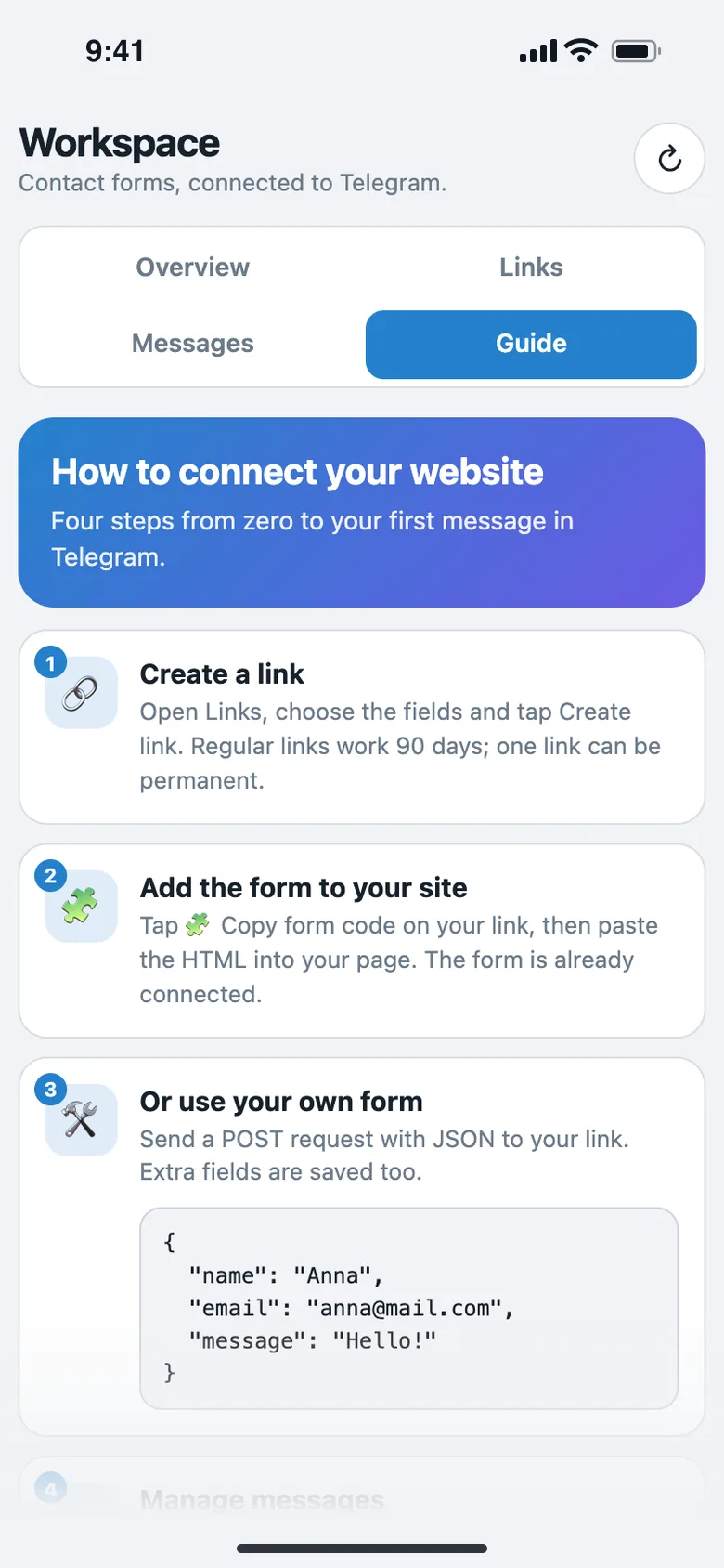Four steps from zero to the first message in Telegram.
