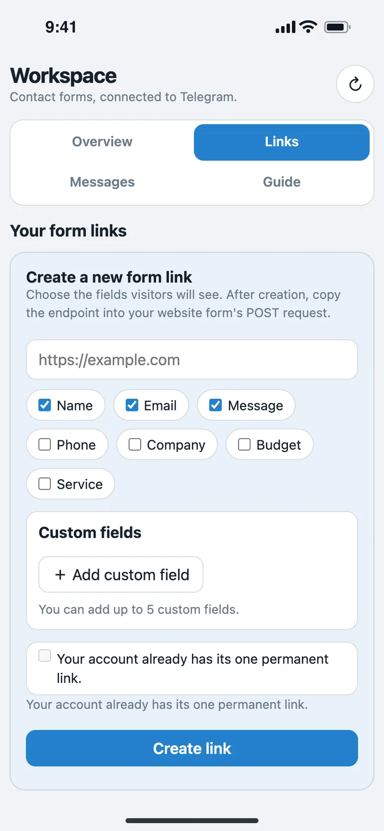 Fields, validity, form code, a test submission and revoke for every link.