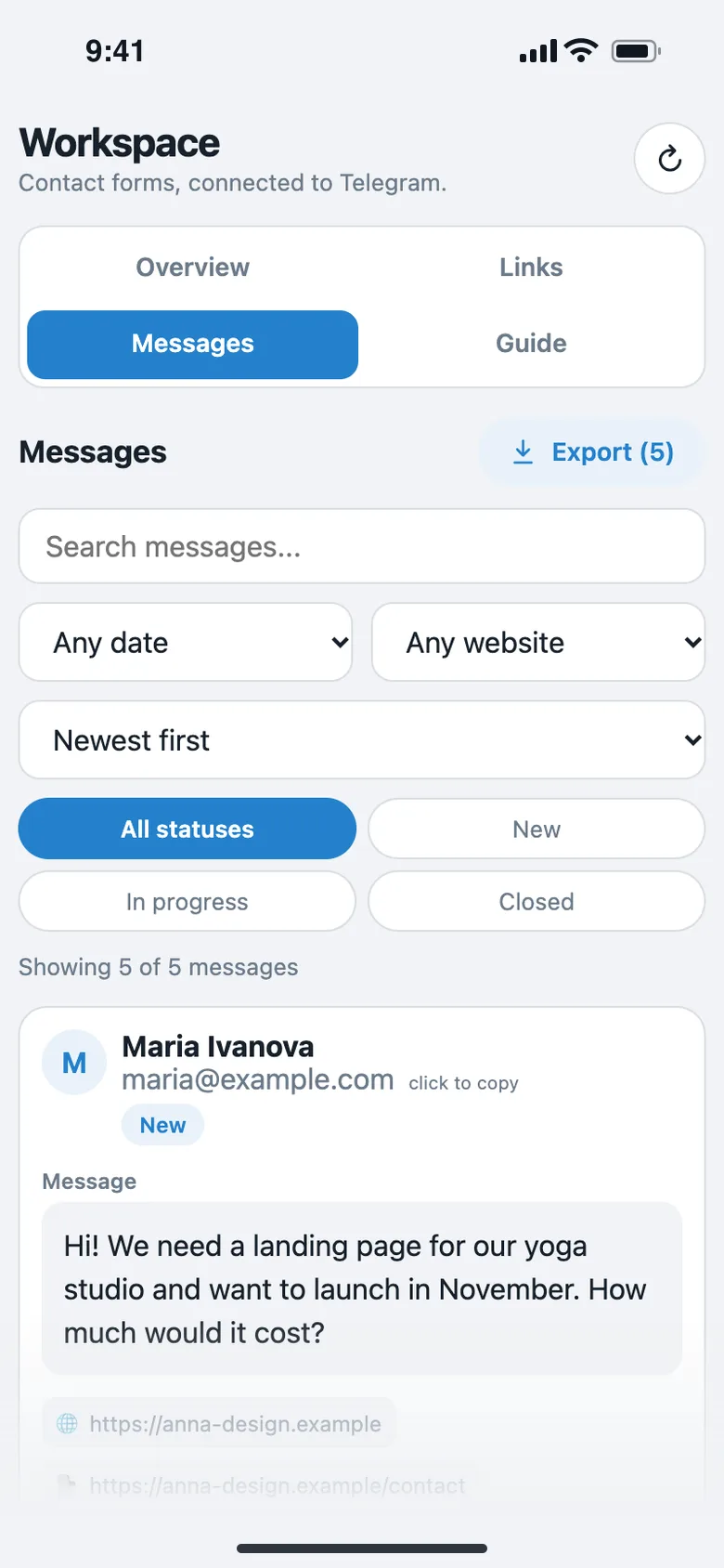 Search, filters by date, website and status, and CSV export.
