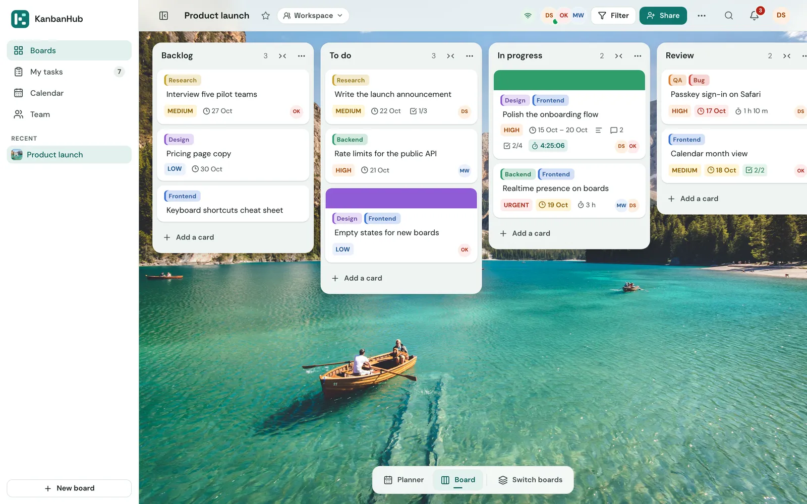 Lists with labels, priorities, dates, checklists and a live timer on the card in progress. Changes sync for everyone on the board.