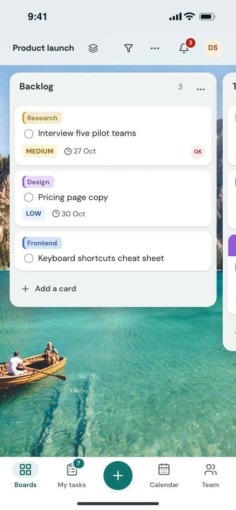 Lists scroll sideways and cards drag with touch.