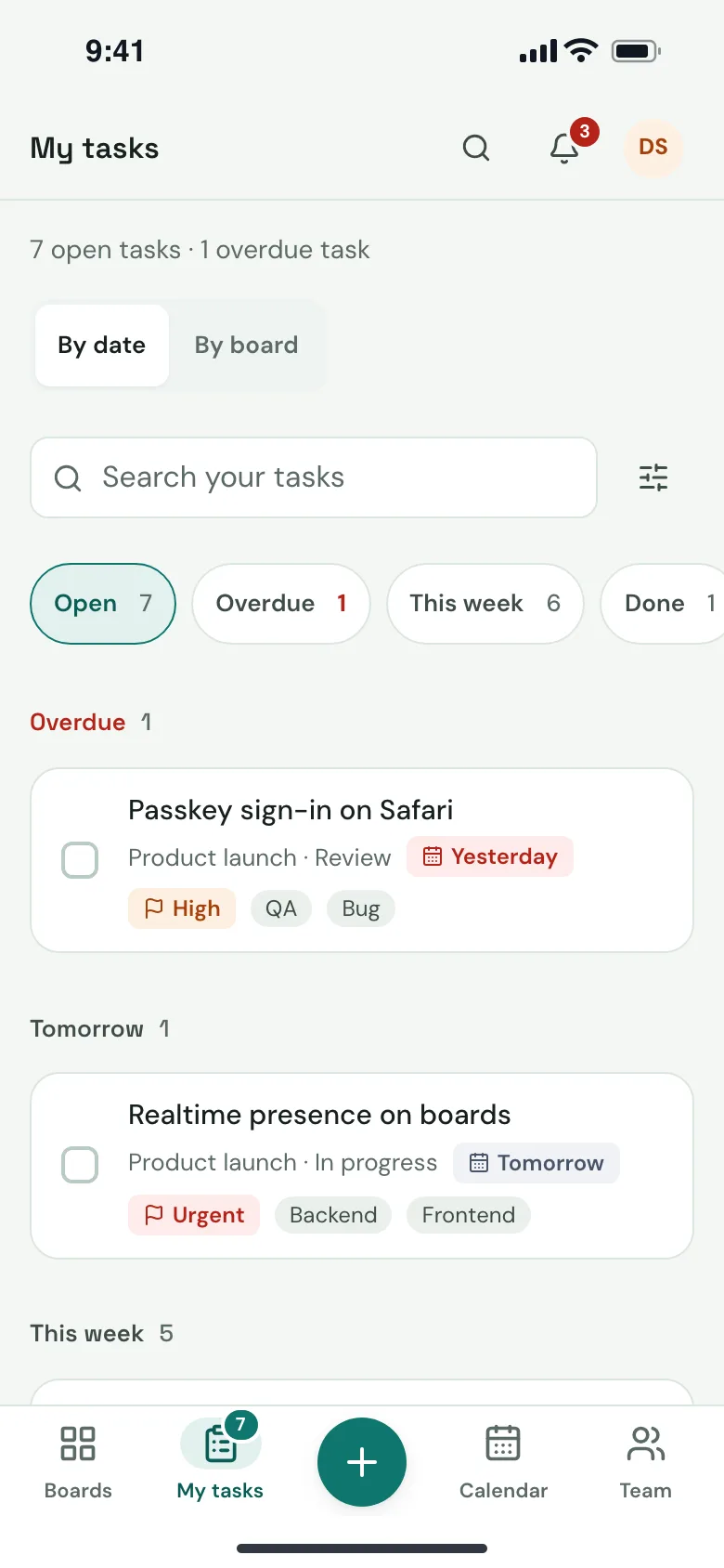 Bottom navigation with a quick add button.